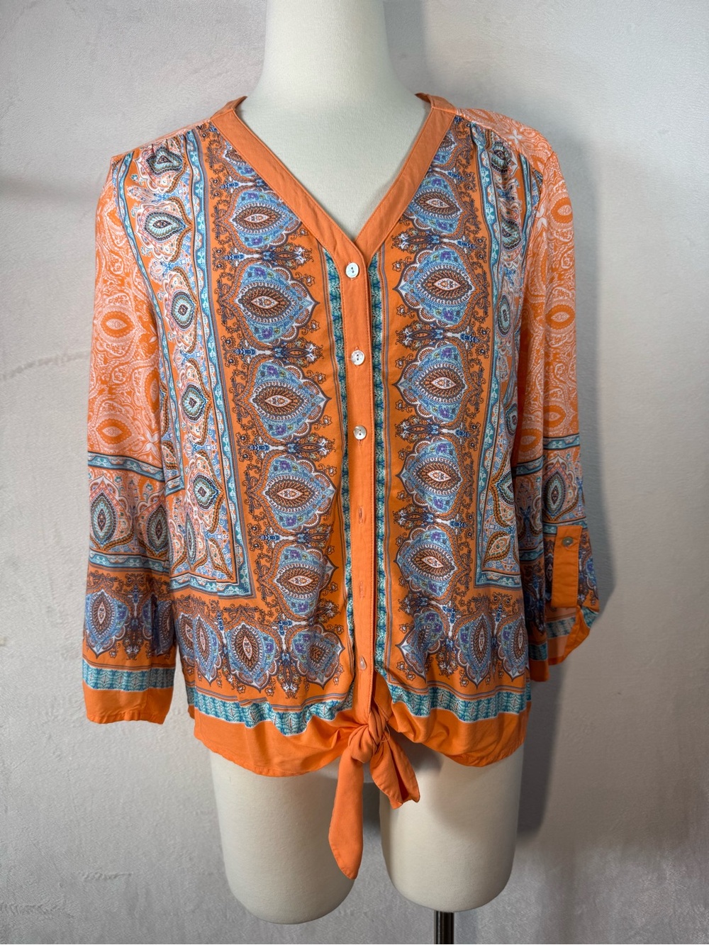 Ruby Rd. Orange Paisley Button-Front Tie-Hem Blouse Large